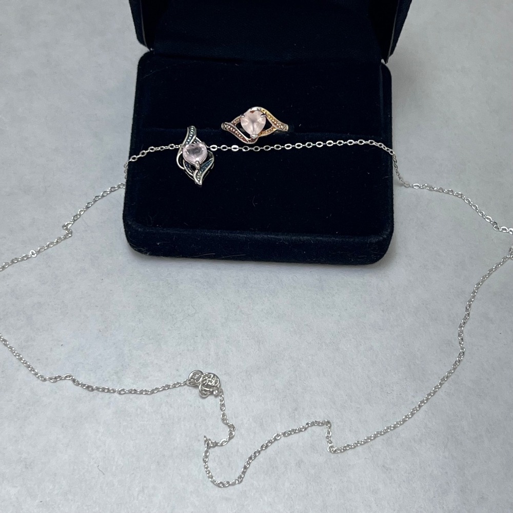 RJ Sterling Silver 925 Heart Blue Stone Ring Size 6 and Necklace Jewelry Set - Picture 11 of 16